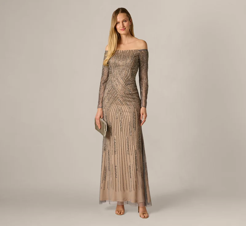 Hand Beaded Off Shoulder Gown In Sterling Sterling / Regular / 6