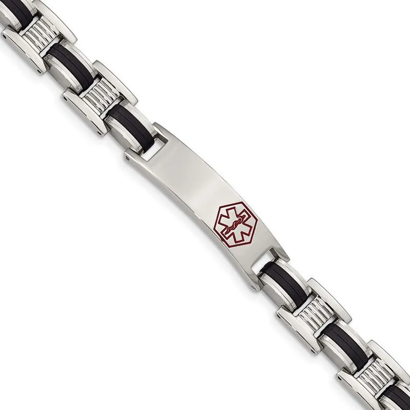 Aço Inoxidável Borracha Preta Esmalte Vermelho 8in Pulseira Médica
