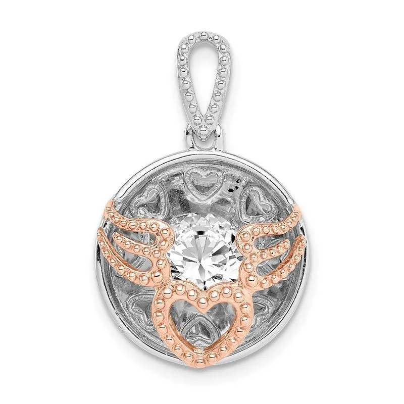 Sterling Silver Rhod-chapeado &amp; Rose-tone Heart &amp; Wings W / Vibr