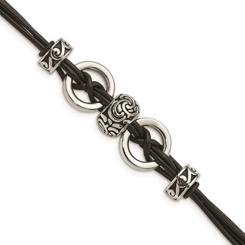 Aço Inoxidável Couro Preto W / Antiqued Beads 8.25in W / Ext