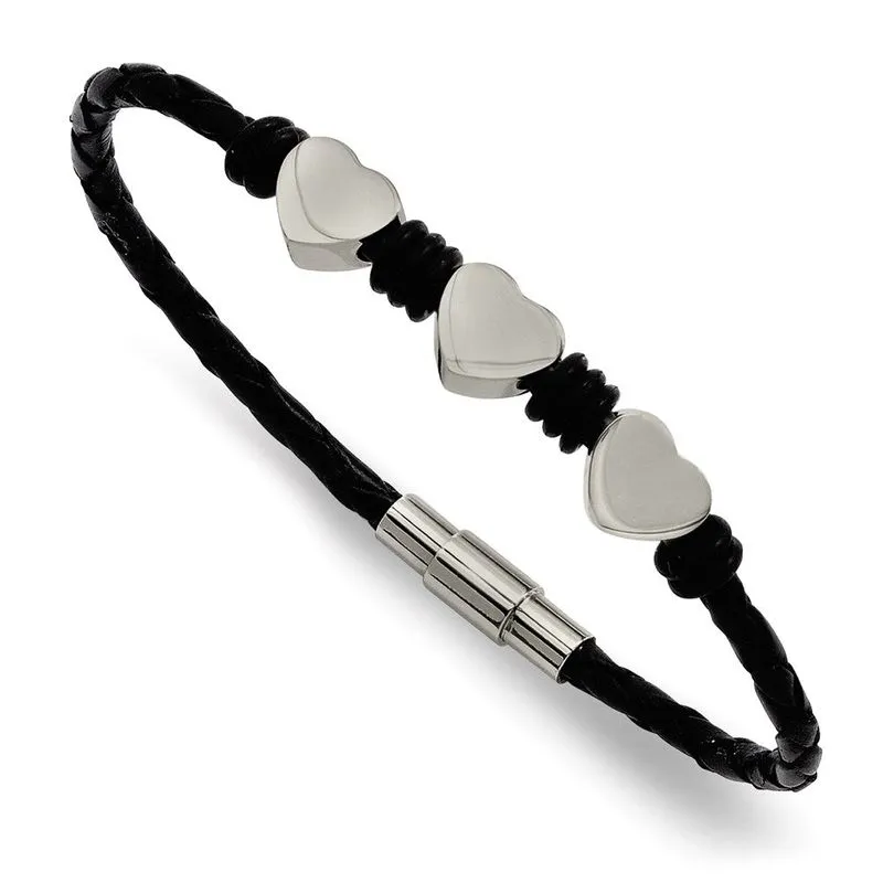 Aço Inoxidável Couro Preto W / Corações Polidos 7.5in Bracel