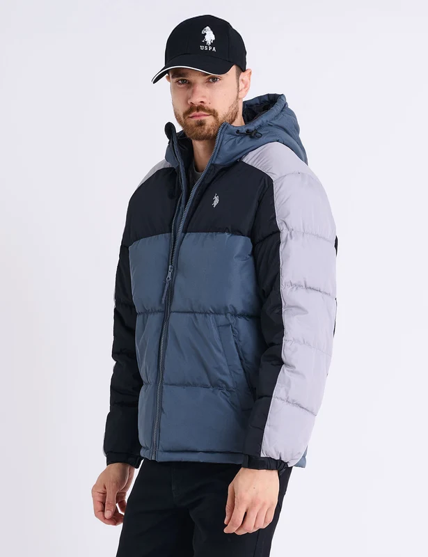 TRI COLOR BLOCK HOODED PUFFER JACKET CLOUD GRAY / XXL