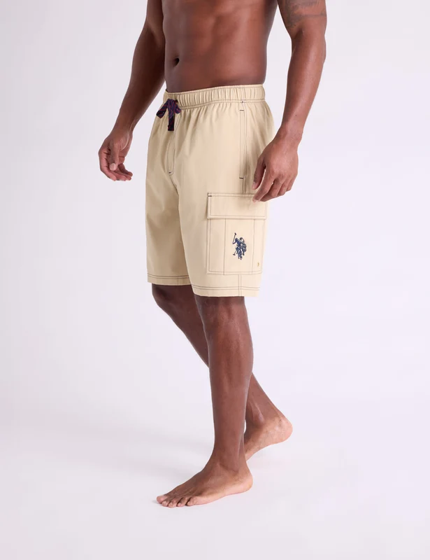 10" CONTRAST STITCH STRETCH CARGO SWIM SHORTS RAW KHAKI / XL