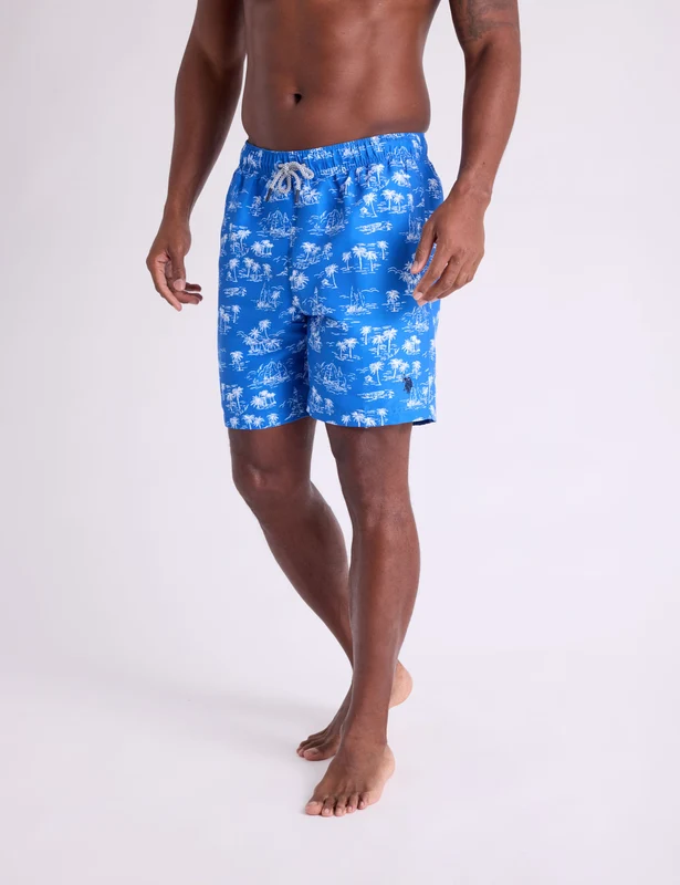 7" PALM TREE PRINT SWIM SHORTS BLUE HILL / M
