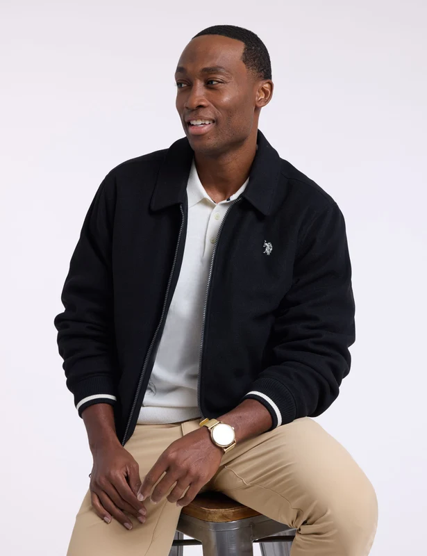FAUX WOOL POINT COLLAR ZIP UP VARISTY JACKET Black / S