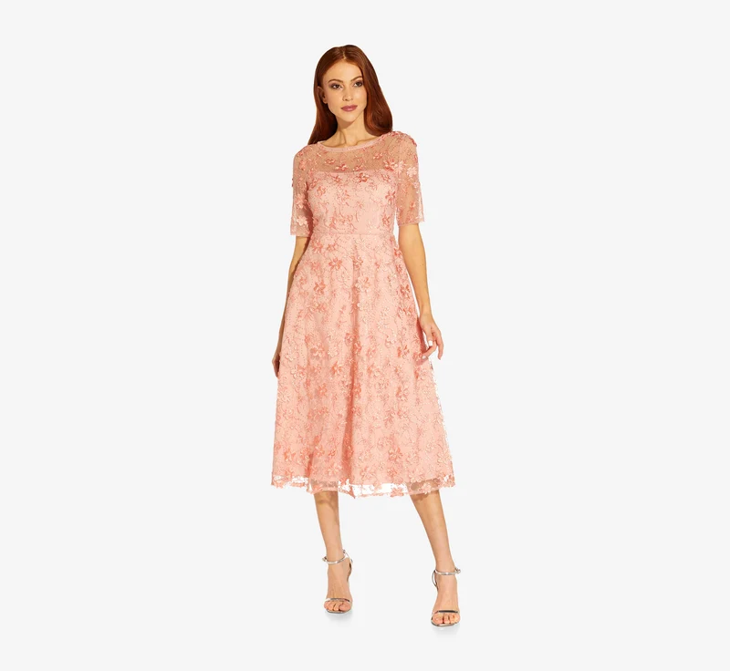 3D Floral Embroidered And Hand-Sequined Tea-Length Fit-And Flare Cocktail Dress In Peach Blossom Peach Blossom / Regular / 12