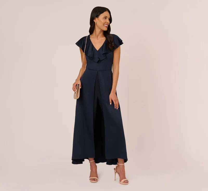 Satin Crepe Ruffled Cropped Jumpsuit In Dark Navy Dark Navy / Regular / 14