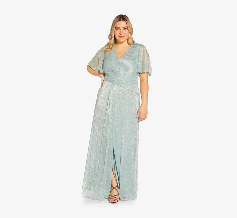 Plus Size Metallic Mesh Draped Gown In Sea Glass Sea Glass / Plus Size / 20