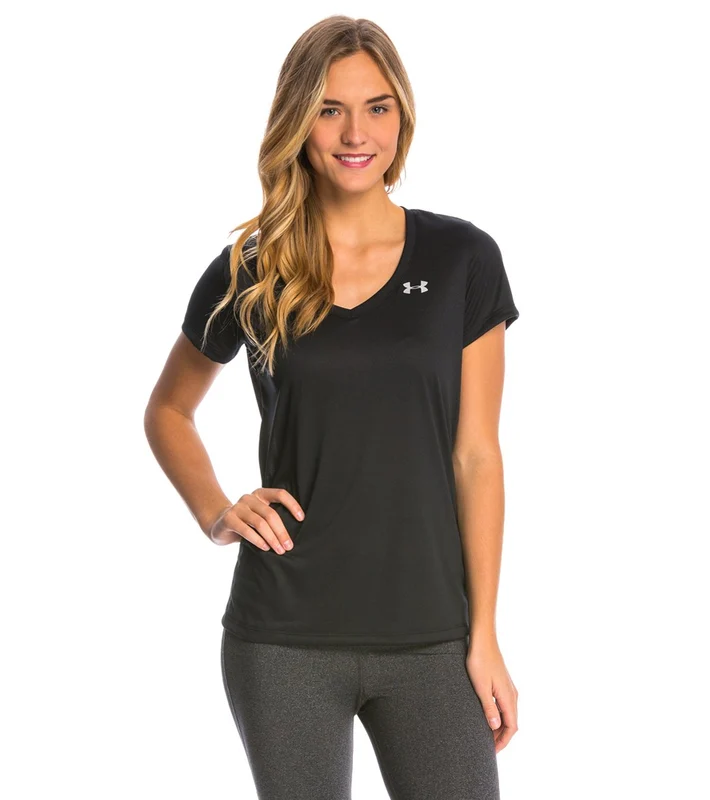 Under Armour Women's Tech V-Neck Shirt Black/Metallic Silver / Small