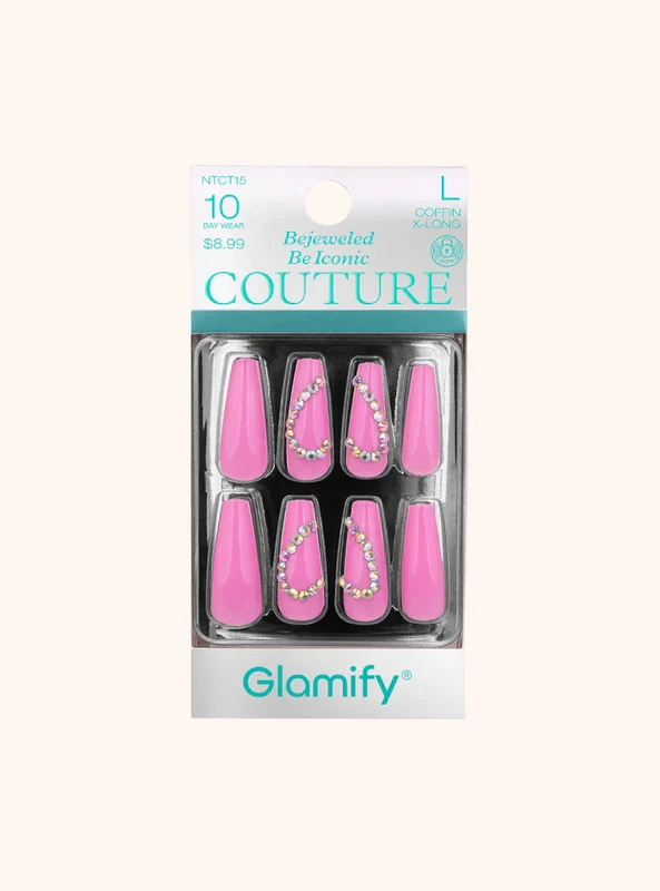 Glamify Couture Press On Nails Coffin X Long Pink Crystal Accent NTCT15