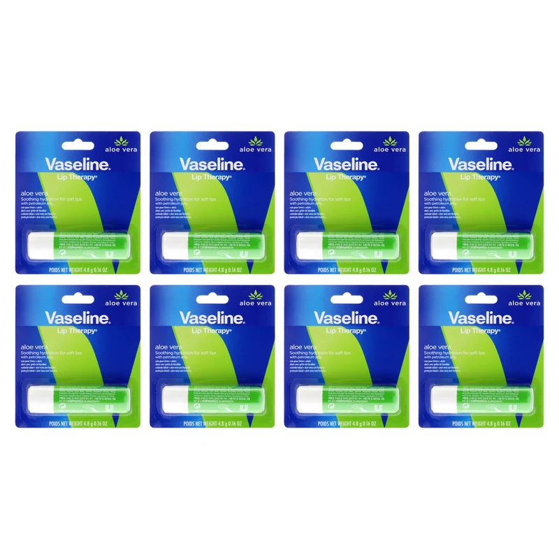 Vaseline Lip Therapy Petroleum Jelly - Aloe Vera by Vaseline for Women - 0.16 oz Lip Balm - Pack of 8 0.16 oz