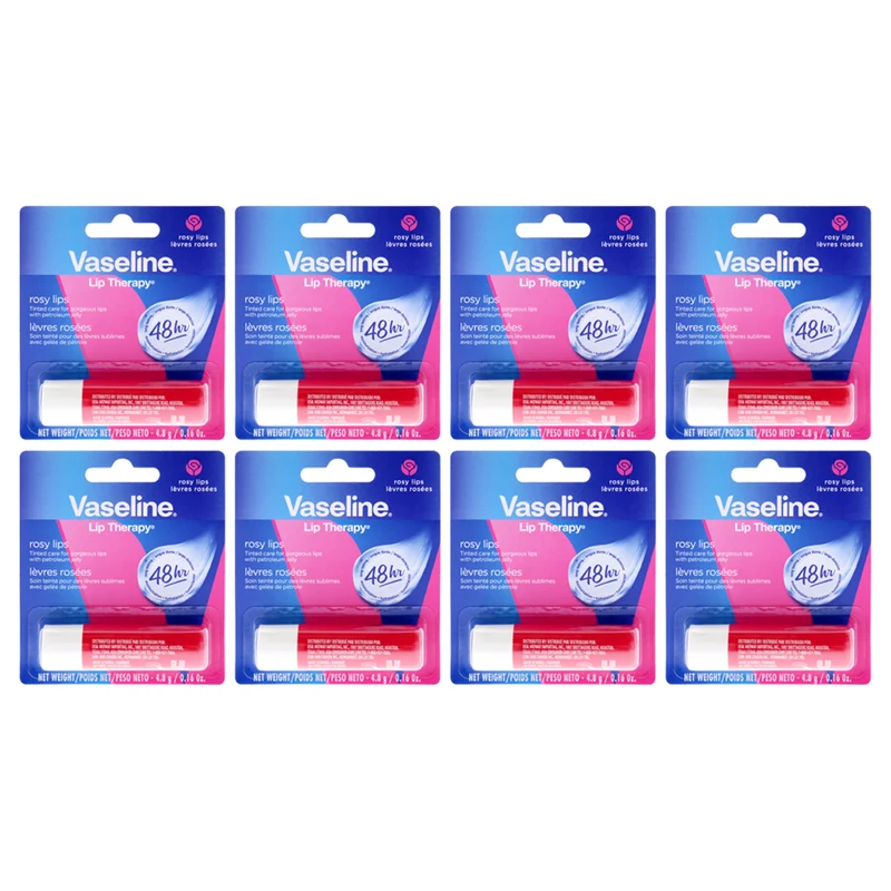 Vaseline Lip Therapy Petroleum Jelly - Rosy by Vaseline for Women - 0.16 oz Lip Balm - Pack of 8 0.16 oz