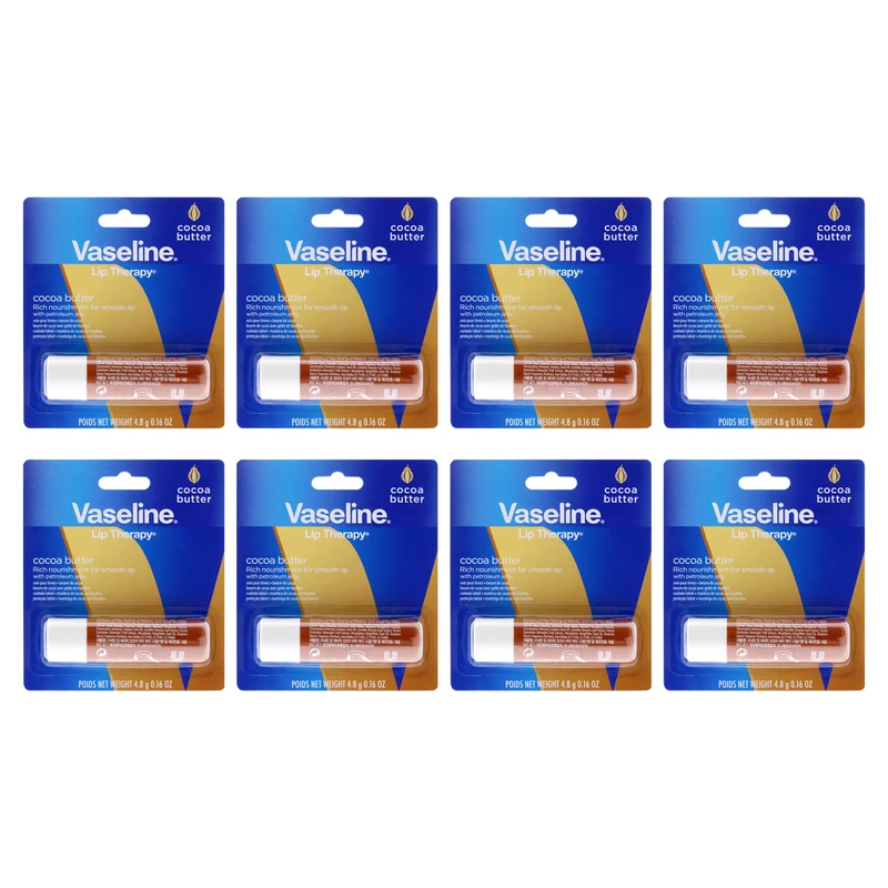 Vaseline Lip Therapy Petroleum Jelly - Cocoa by Vaseline for Women - 0.16 oz Lip Balm - Pack of 8 0.16 oz