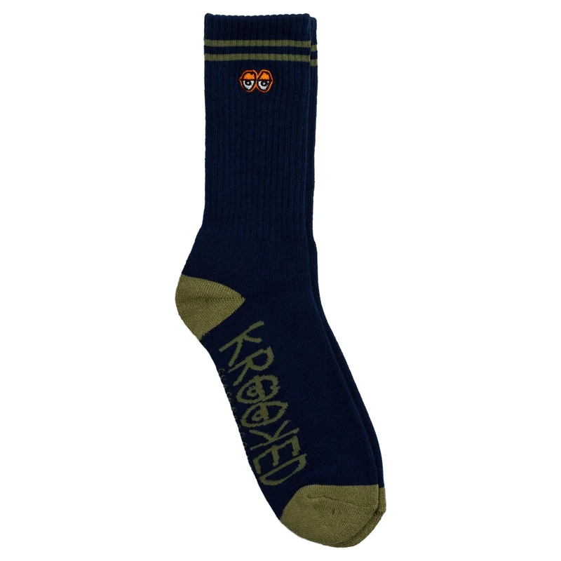 Krooked Eyes Embroidered Socks - Navy/Olive/Orange