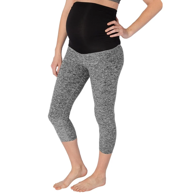 Beyond Yoga: Beyond the Bump Spacedye Fold Down Maternity Yoga Capris Black-White / M