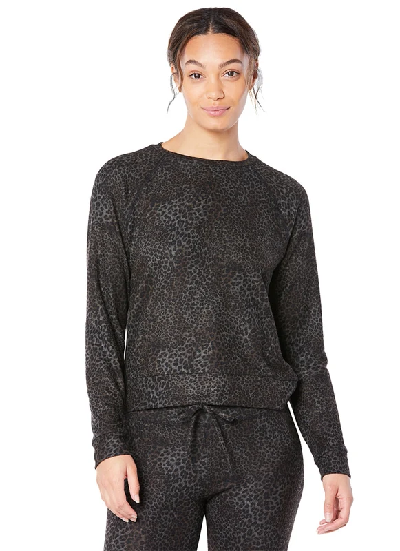 Beyond Yoga Hacci Favorite Raglan Crew Yoga Pullover Chai Cocoa Brown Leopard / M