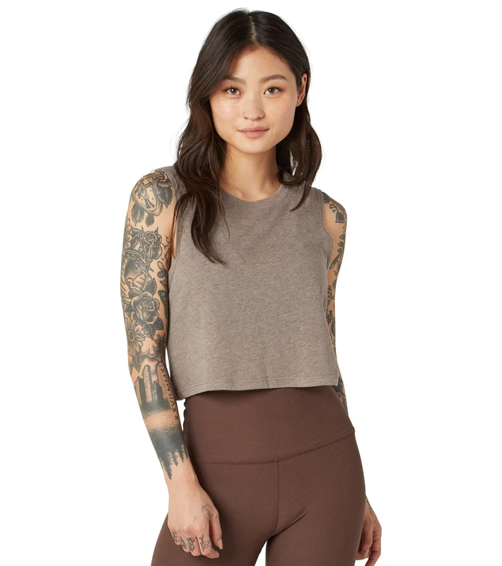 Beyond Yoga Boyfriend Jersey Night in Cropped Tank Light Chocolate Chip Heather / S