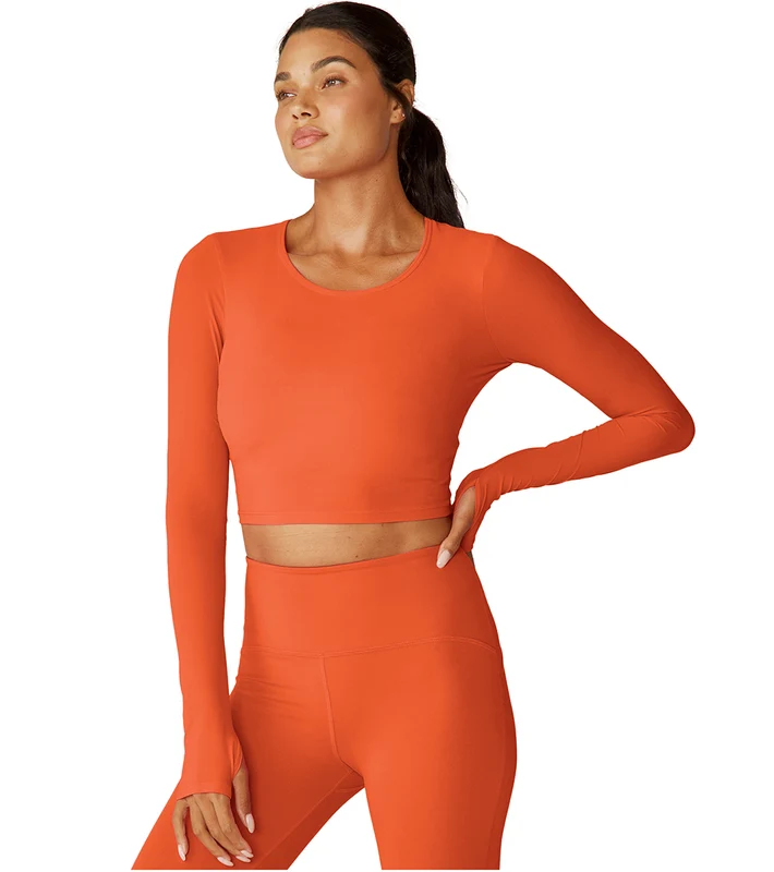 Beyond Yoga Performance Knit Resilient Cropped Pullover Sunset Orange / XS