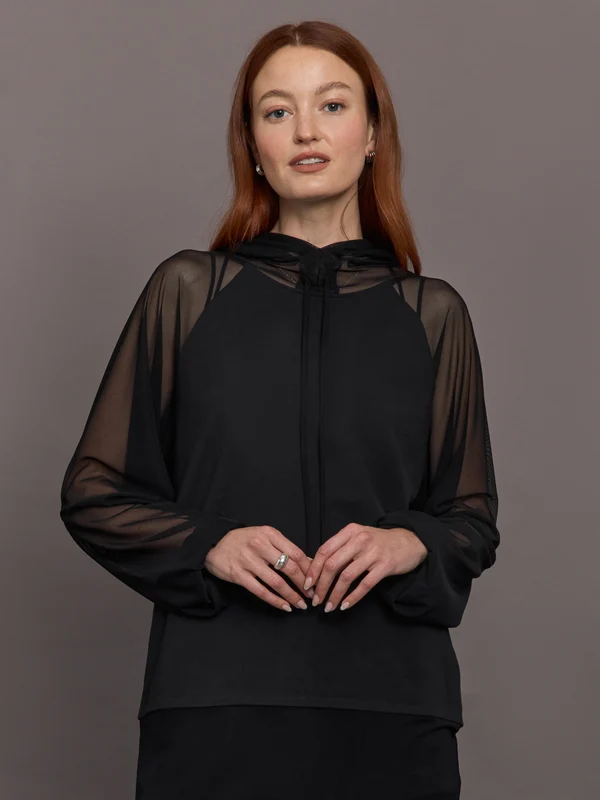 Oversized Raglan Sleeve Hooded Top W Mesh - Black Black / M