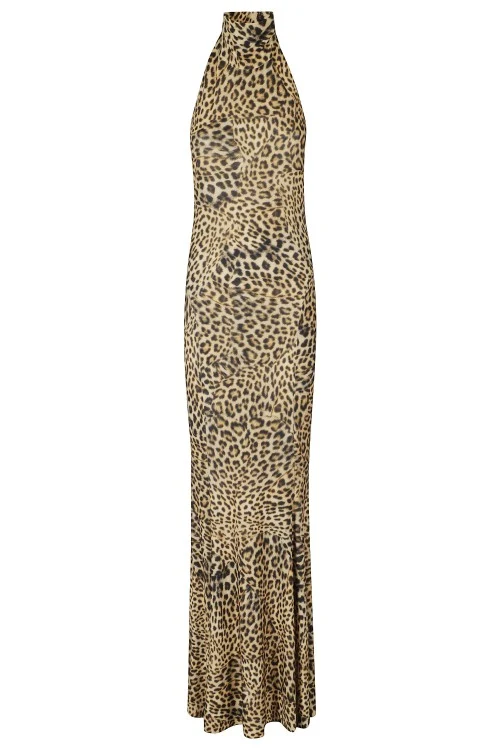 Norma Kamali Cheetah Patch Halter Neck Fishtail Evening Dress standard S