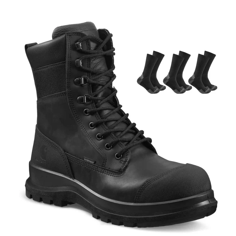 Carhartt Special Offer Detroit 8 Inch Work Boots F702905 Pack - Detroit S3 Waterproof Composite Safety Toe High Leg Work Boots + 3 Pack Carhartt Socks Black / 6.5 UK | 40 EU | 8 US / Matched to Boot Size