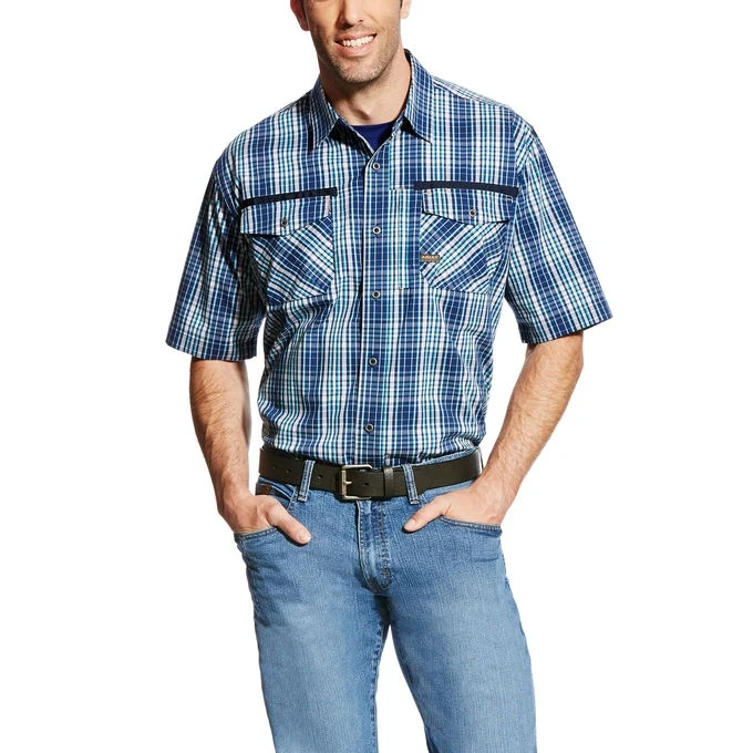Ariat Men's Rebar Short Sleeve Work Shirt - Navy Plaid Navy Plaid / Large