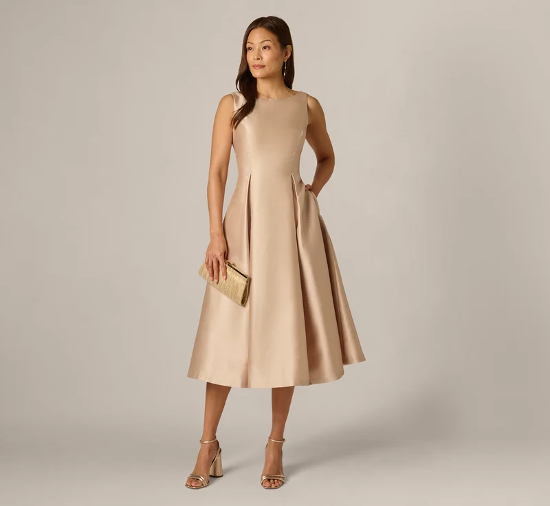 Sleeveless Mikado Fit And Flare Midi Dress With V-Back In Champagne Champagne / Regular / 18