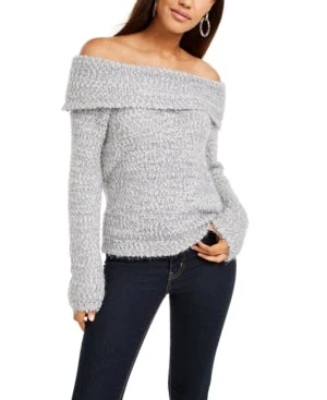 Freshman Juniors' Off-The-Shoulder Fuzzy Sweater Gray / S