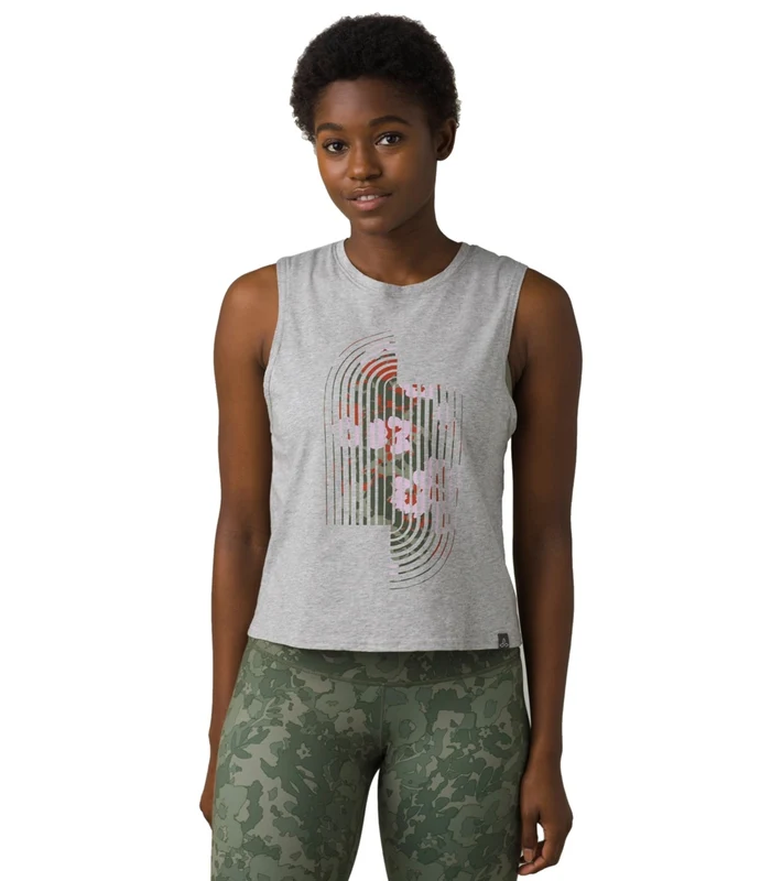 prAna Organic Graphic Sleeveless Heather Grey Floral Lines / L