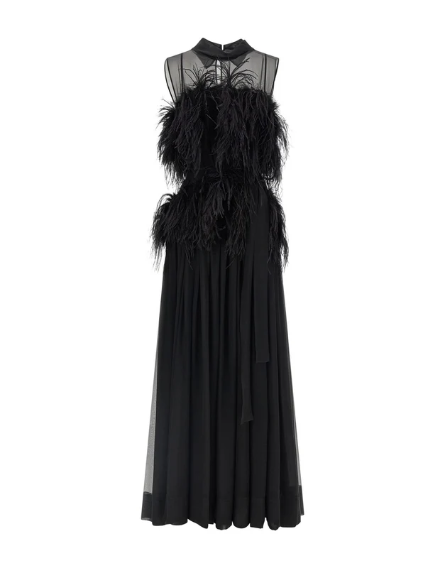 Alberta Ferretti Black Silk Chiffon Feather Dress IT 40