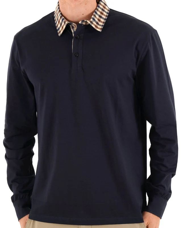 Aquascutum Club Check Long Sleeve Polo Navy XL