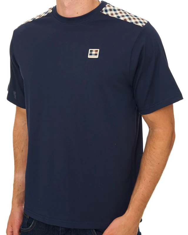 Aquascutum Check Shoulder T Shirt Navy 2XL