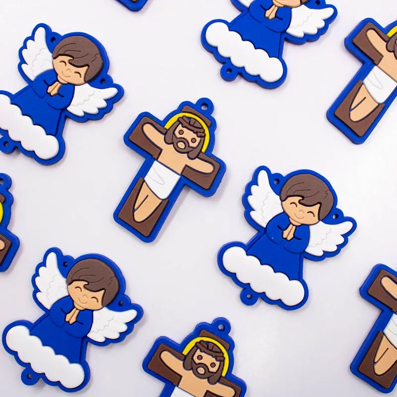 Aplique Cruz E Anjo 50X40mm Emborrachado Com 10 Peças Azul Bic