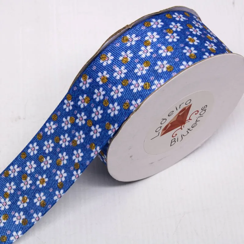 Fita Margaridas 40Mm Em Poliester Com 01 Metro Azul