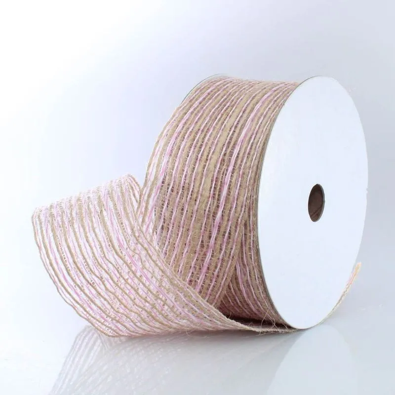 Fita Juta Mesclada 40Mm Com 01 Metro Pe058 - Bege/Rosa
