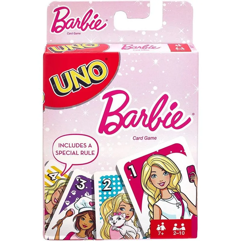 Jogo de cartas da Barbie uno, personagens da Barbie correspondentes, para 2 a 10 jogadores com idades entre 7 anos e mais
