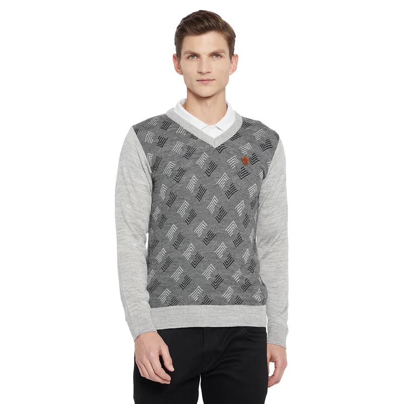 Duke Urban Men Full Sleeve V Neck Sweater (SDS8037) XXL / M.Grey Melange / Geometric Print