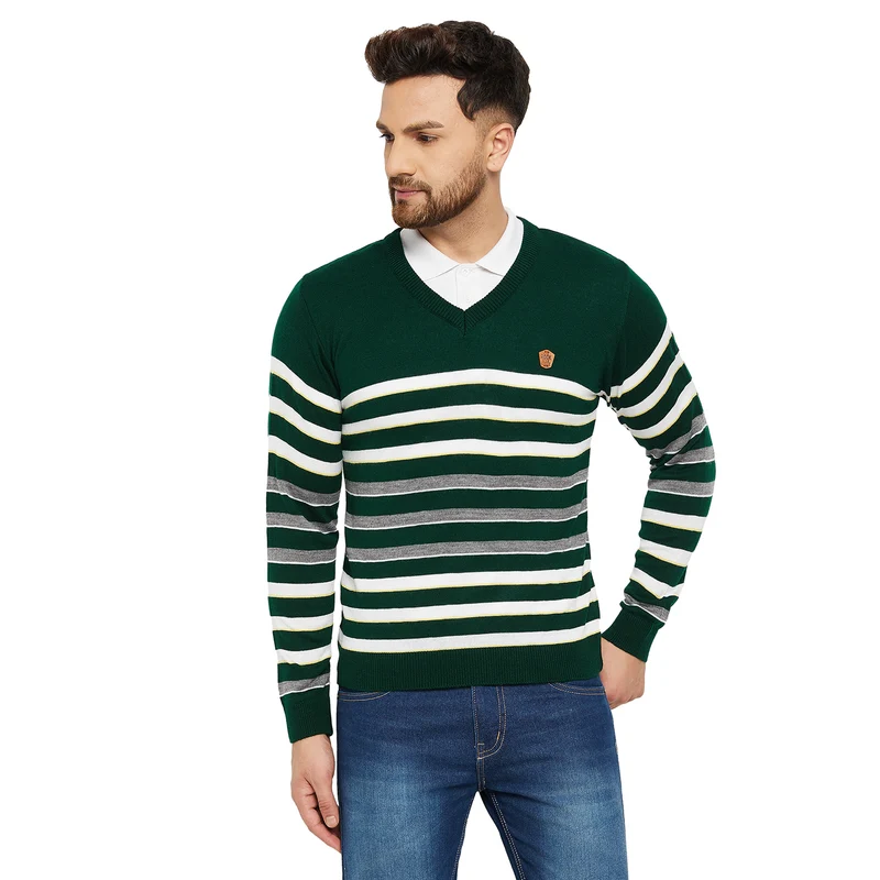 Duke Stardust Men V Neck Sweater (SDS8069) M / Forest Green / Striped