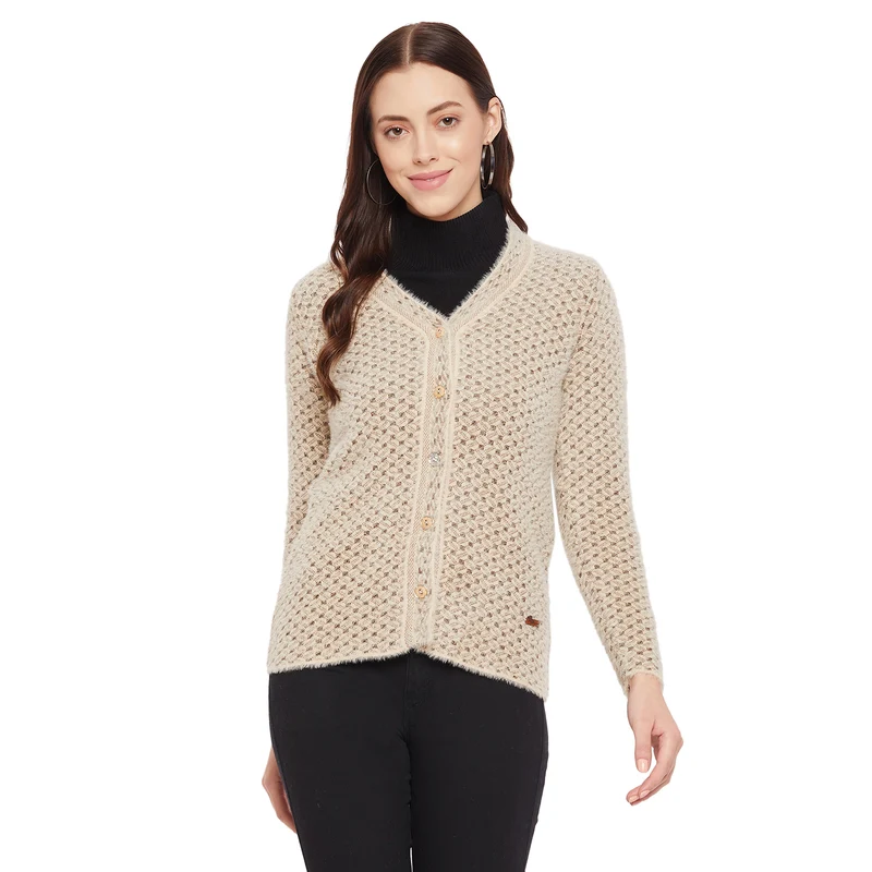 Duke Stardust Women Full Sleeve Cardigan (SDS952) S / Peach / Self Design
