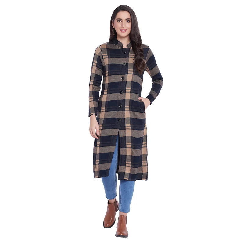 Duke Urban Women Full Sleeve Long Cardigan (SDS941) S / D.Navy / Checkered