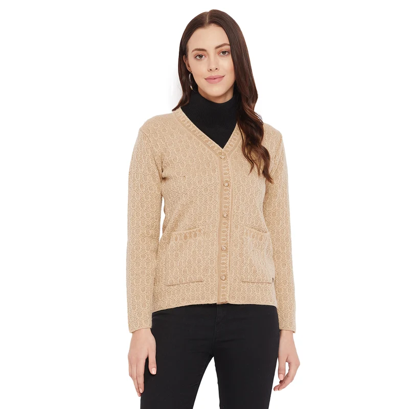 Duke Stardust Women Full Sleeve Cardigan (SDS9619) S / Feather / Self Design