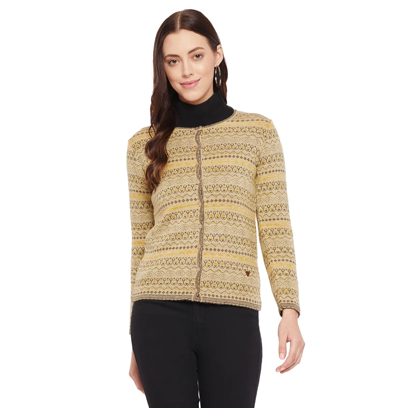 Duke Urban Women Full Sleeve Cardigan (SDS9621) M / Fawn / Geometric Print
