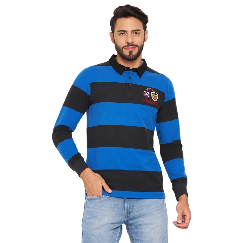 Duke Urban Men Polo Neck Full Sleeve Cotton T-shirt (LF3940) Black / XXL / Striped