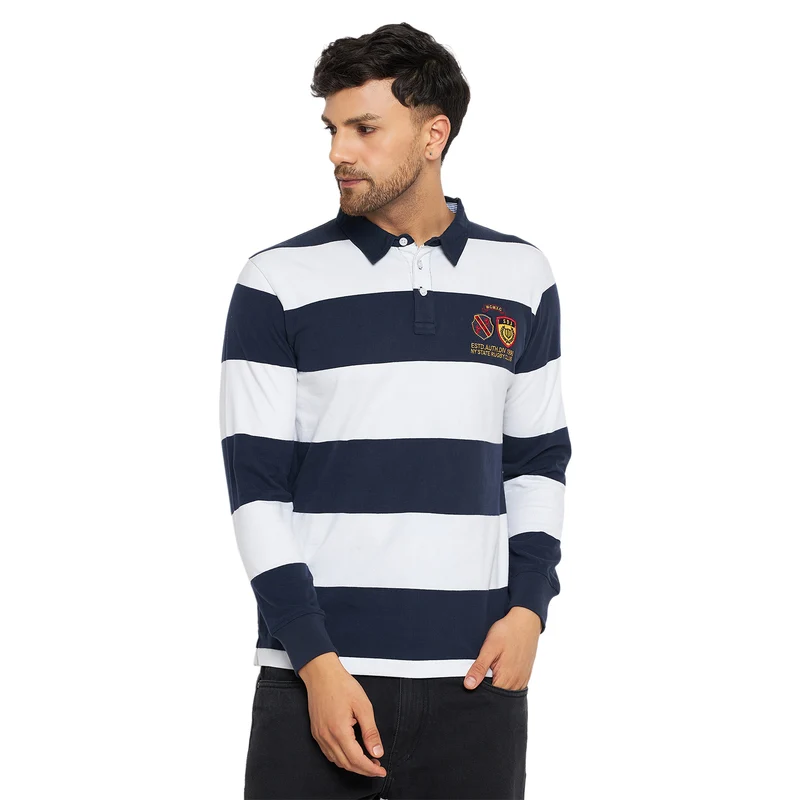 Duke Urban Men Polo Neck Full Sleeve Cotton T-shirt (LF3940) L.Navy / M / Striped