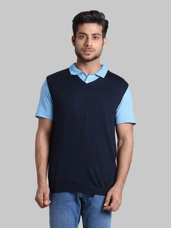 Park Avenue Men Blue Regular Fit Solid V Neck Collar Sweater 46 / Blue