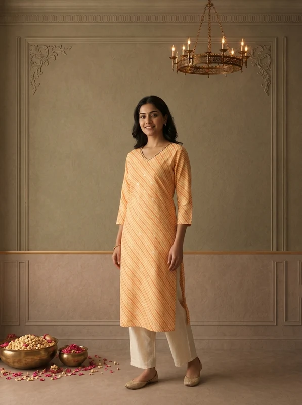 Yellow Cotton Striped Printed Kurta L