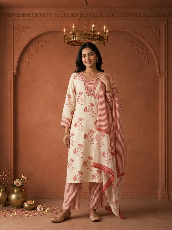 Red Cotton Floral Buta Block Printed Three Piece Set XL