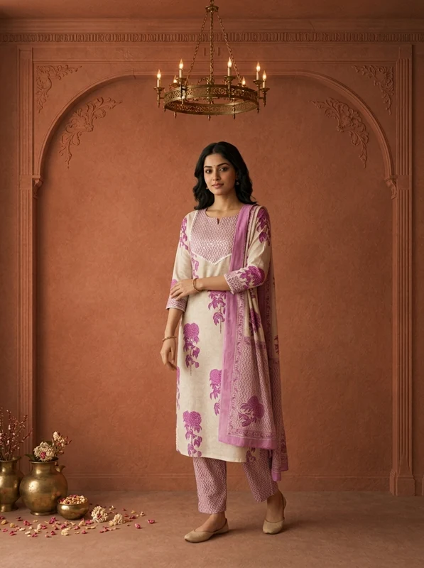 Purple Cotton Rose Block Printed Three Piece Set XXL