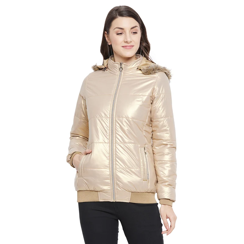Duke Urban Women Full Sleeve Mettalic Quilted Jacket (SDZ6748) Fawn / M / Solid