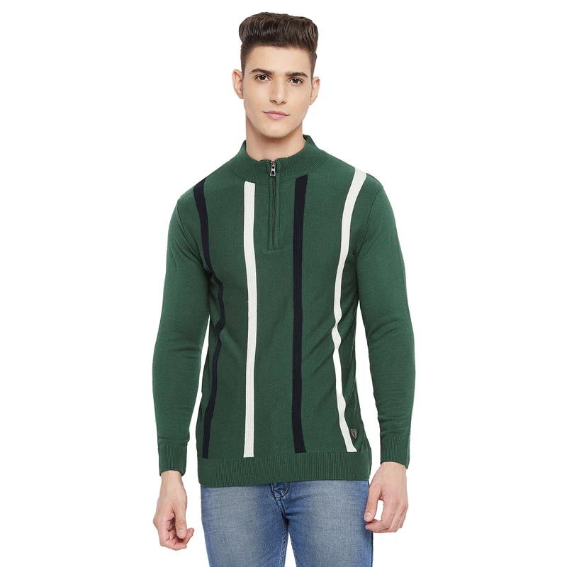Duke Urban Men Full Sleeve Zipper Sweater (WSDS689) Green / XL / Striped